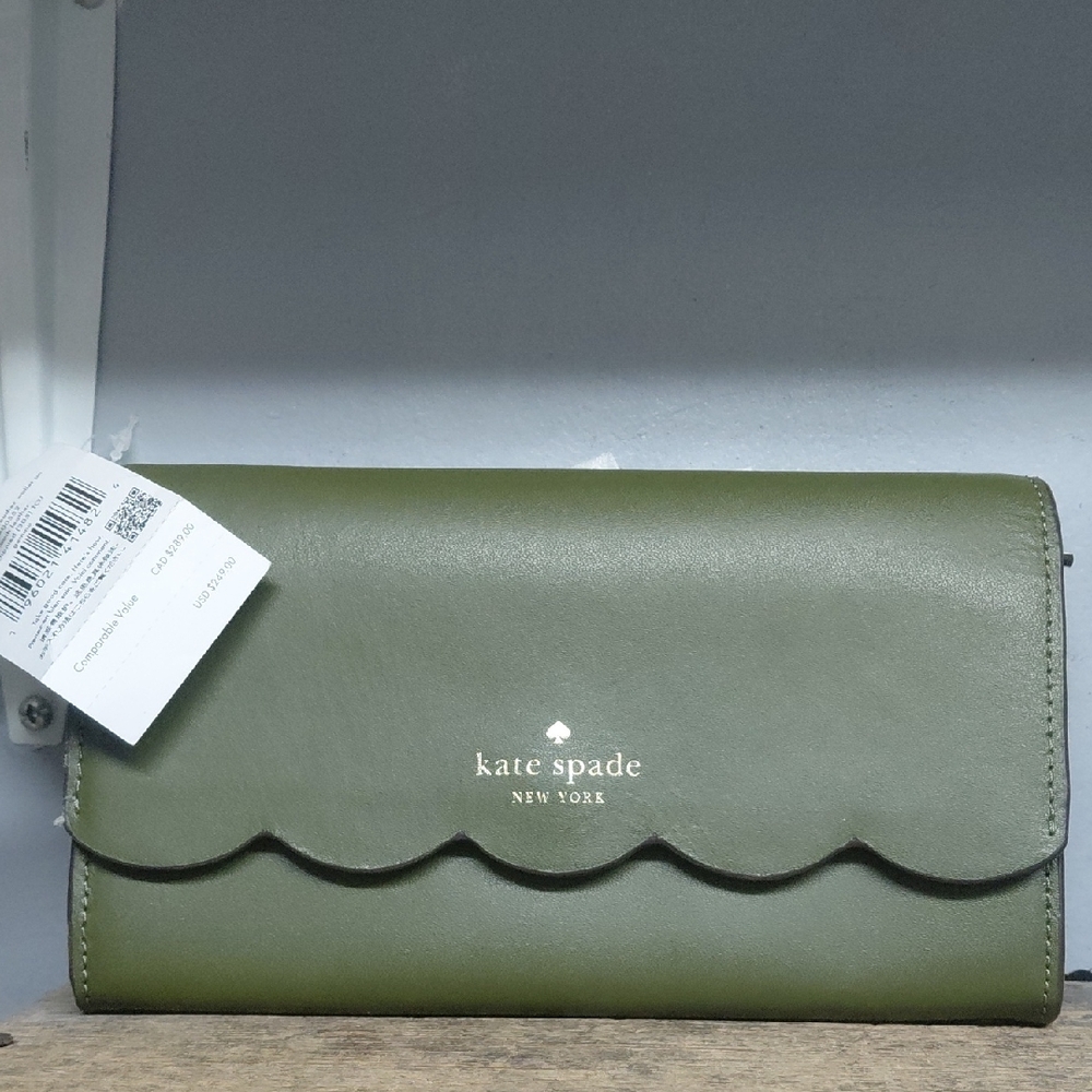 NWT Kate Spade Olive Green Scallop-Edge Smooth Leather Gemma Wallet